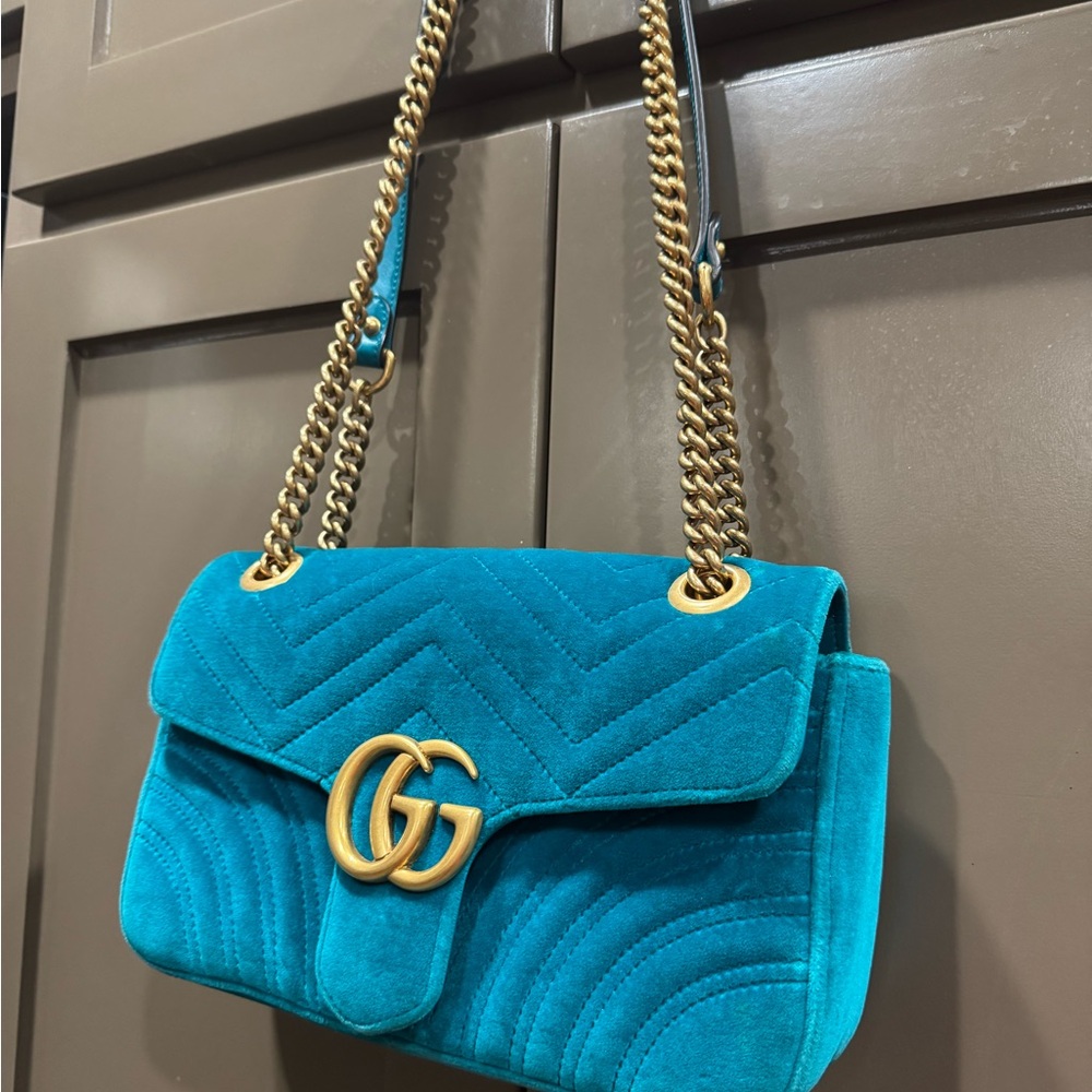 Gucci Turquoise Quilted Shoulder Bag with Gold Chain
